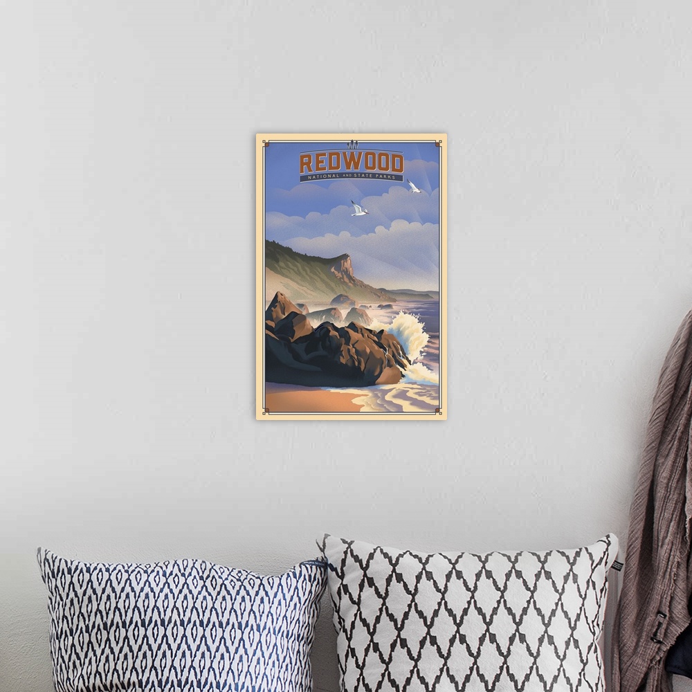 A bohemian room featuring Redwood National Park, Beach: Retro Travel Poster