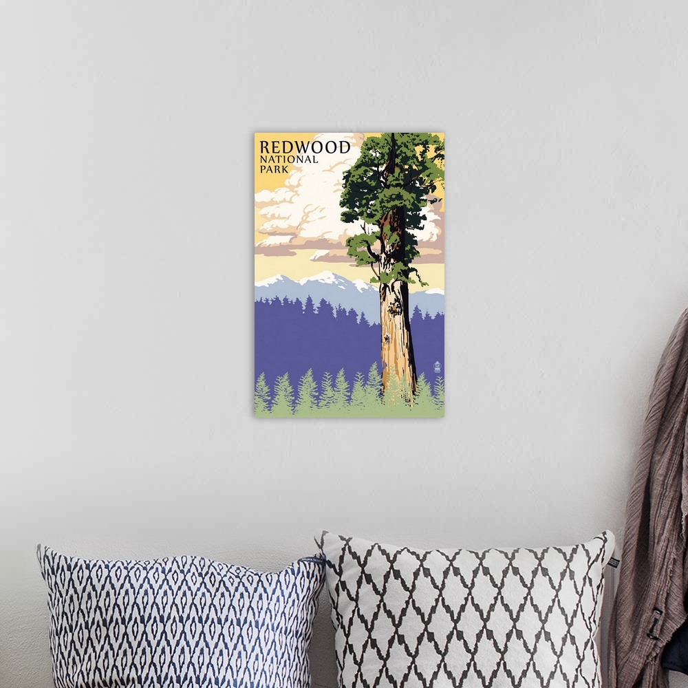 A bohemian room featuring Redwood National Park, Giant Tree: Retro Travel Poster