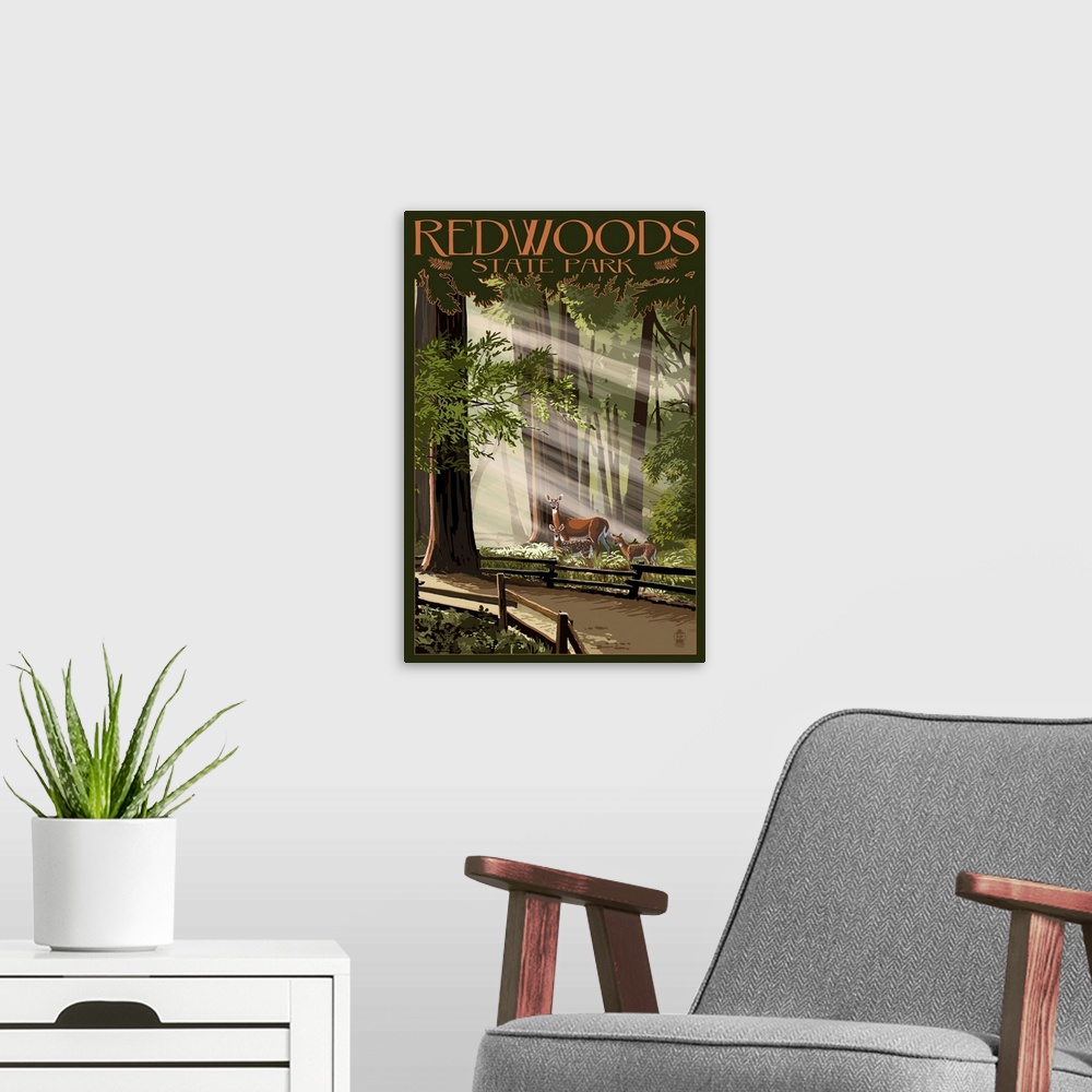 A modern room featuring Retro stylized art poster of a family of deer in sunlit forest.