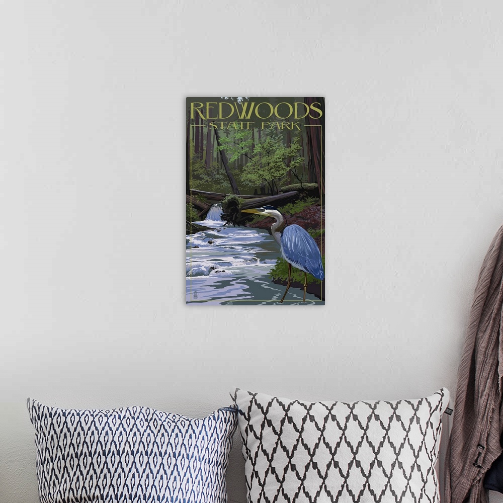 A bohemian room featuring Retro stylized art poster of a blue heron alongside a stream, in a dense forest.