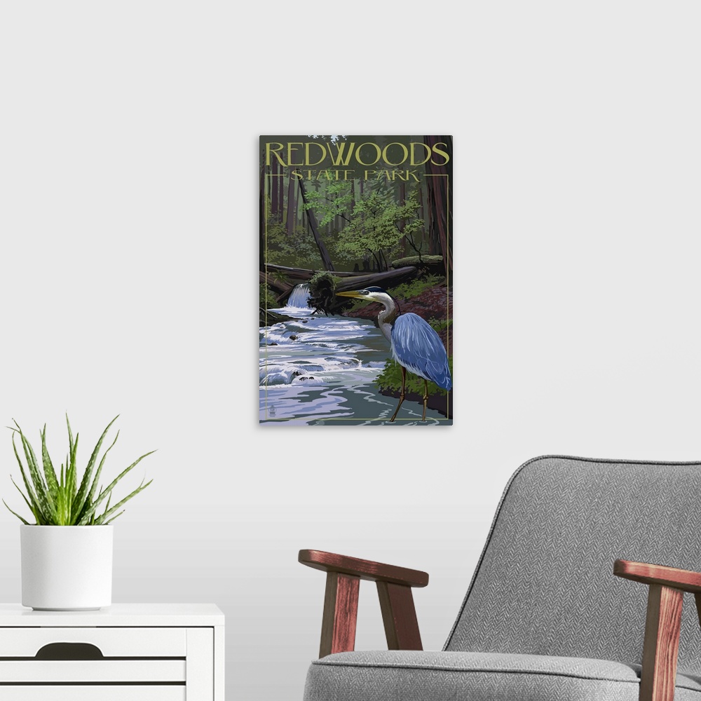 A modern room featuring Retro stylized art poster of a blue heron alongside a stream, in a dense forest.