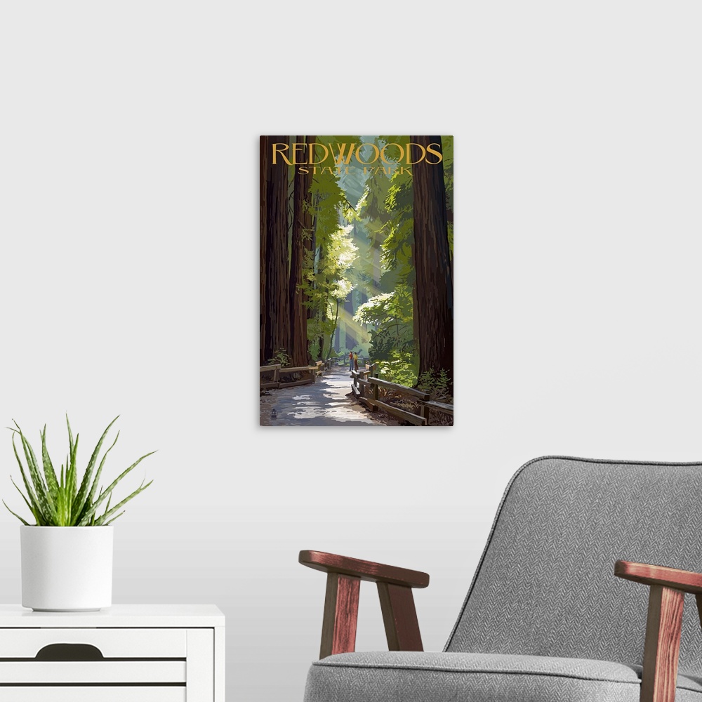A modern room featuring Retro stylized art poster of a pathway through giant redwood trees.