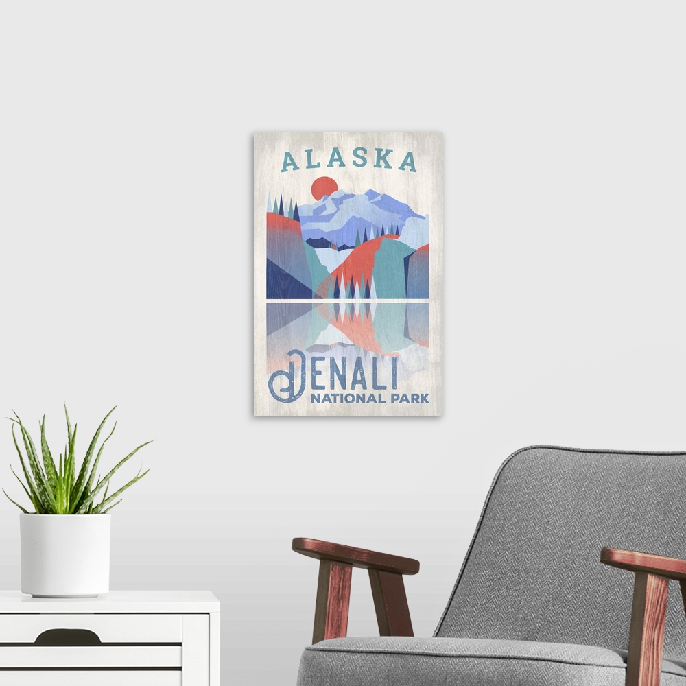 A modern room featuring Reflection At Denali National Park and Preserve: Graphic Travel Poster