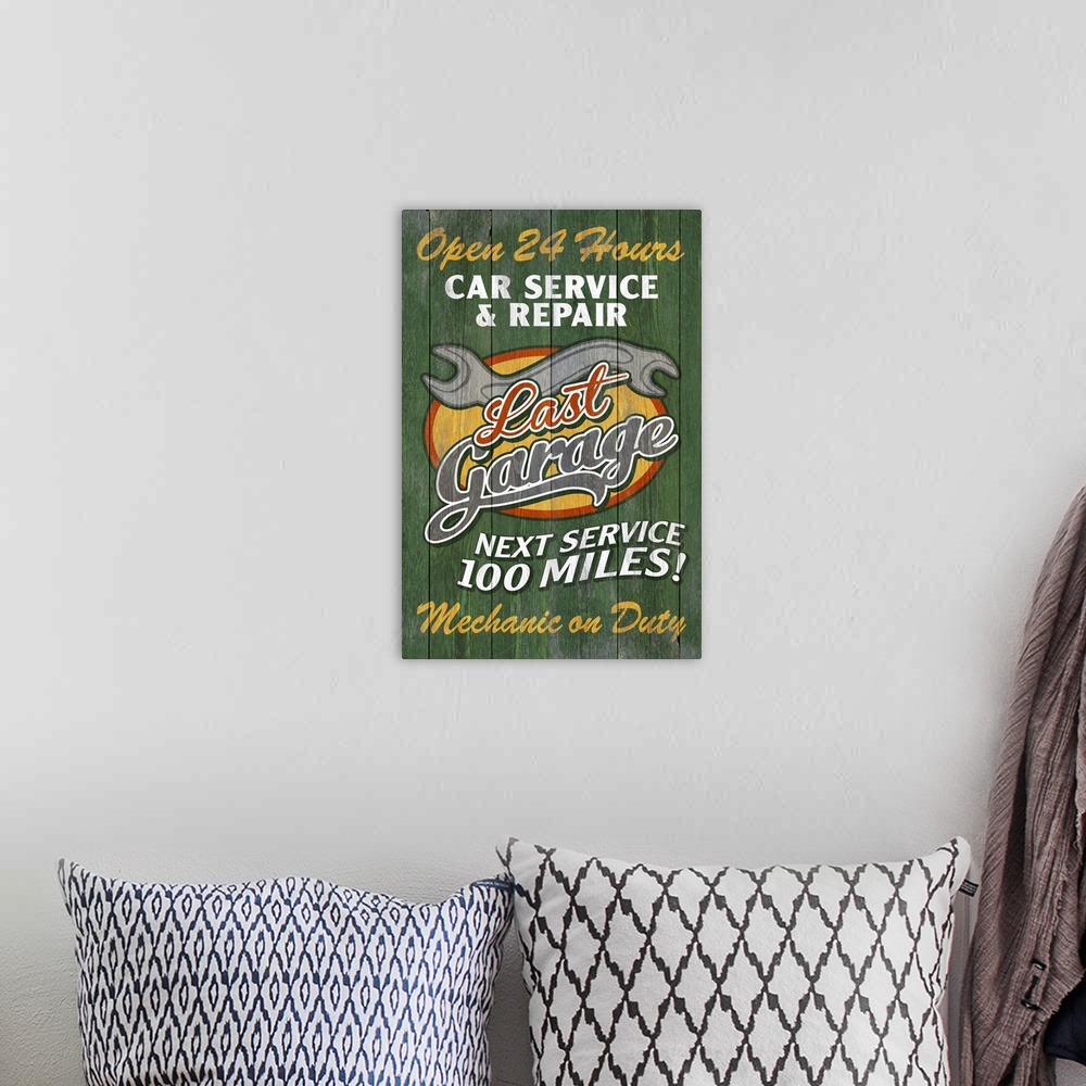 A bohemian room featuring Retro Garage Ad, Vintage Wooden Sign
