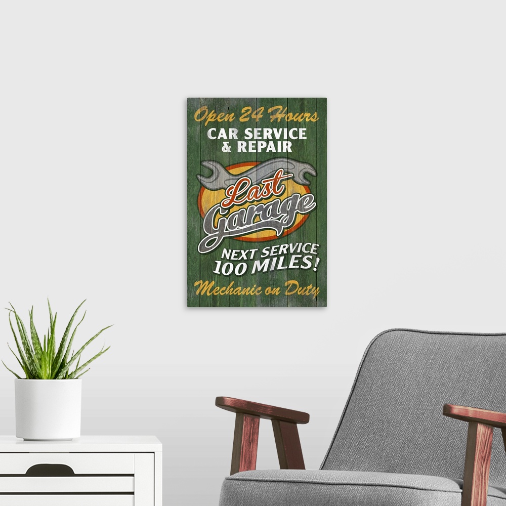 A modern room featuring Retro Garage Ad, Vintage Wooden Sign