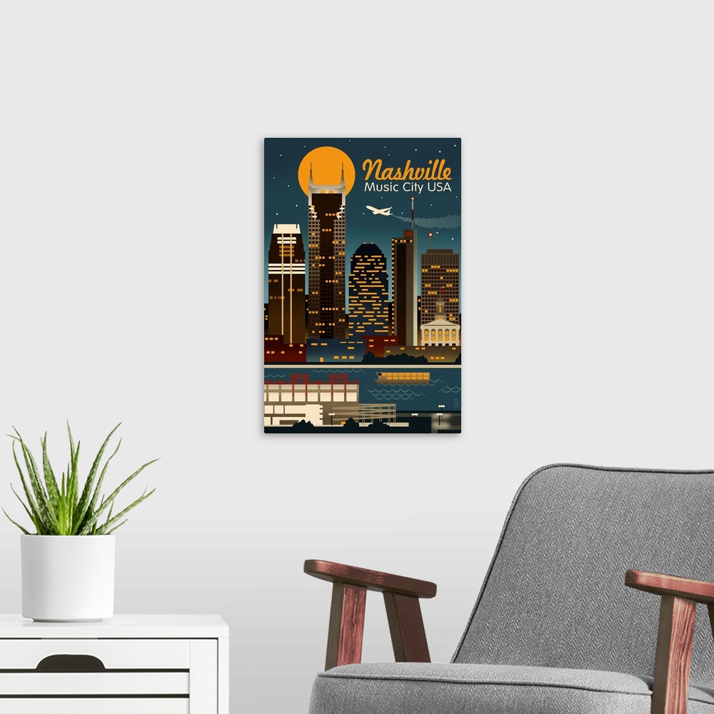 A modern room featuring Retro Skyline - Nashville, Tennessee: Retro Travel Poster