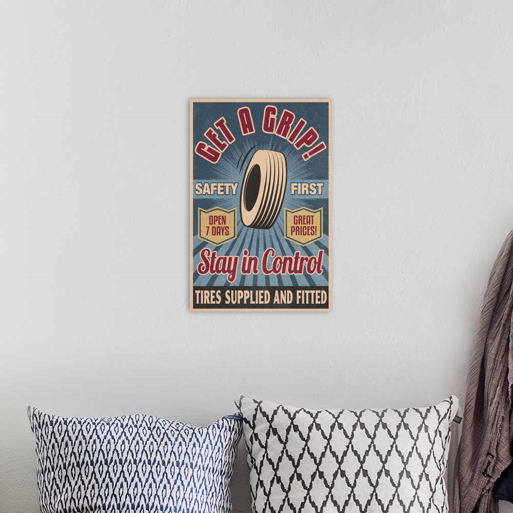 A bohemian room featuring Retro Tire Ad, Vintage Sign