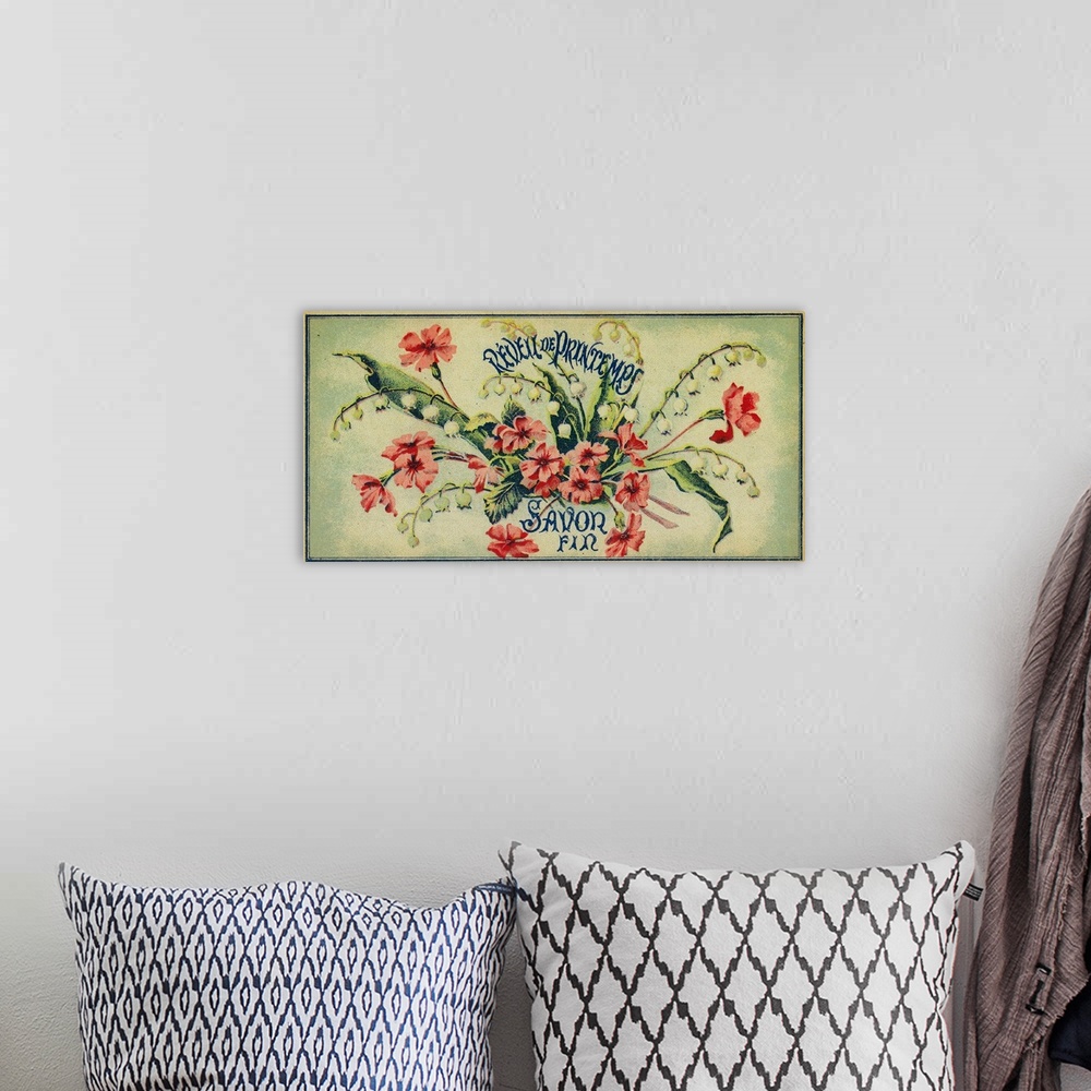A bohemian room featuring French soap label, Springtime Awakening brand.