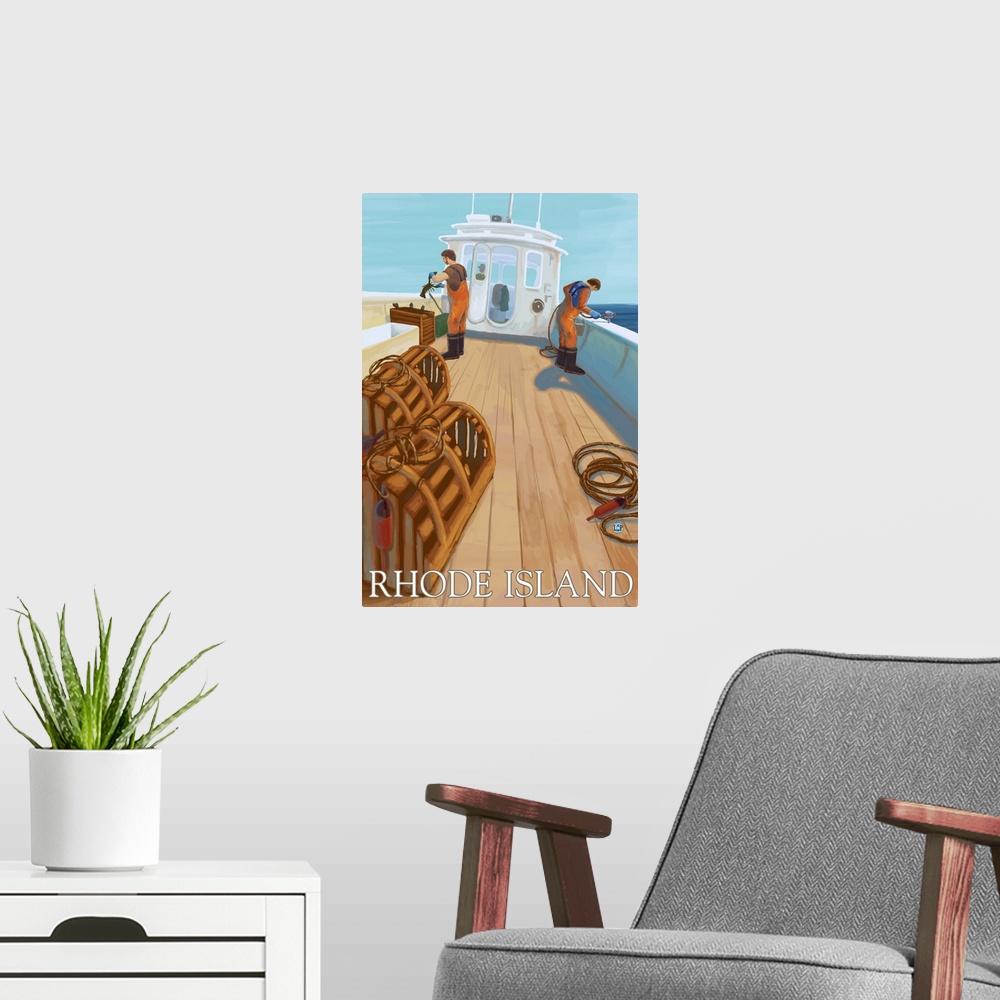 A modern room featuring Rhode Island - Lobster Fishing: Retro Travel Poster