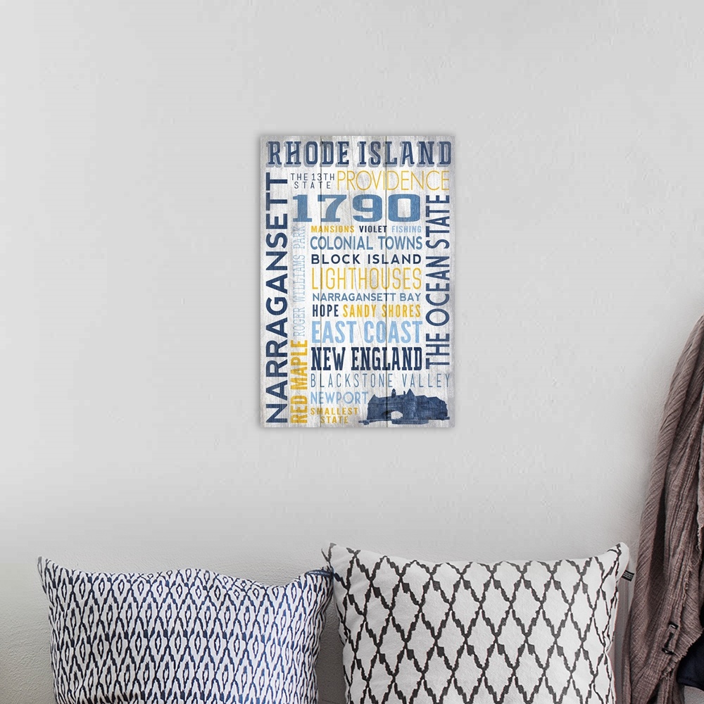 A bohemian room featuring Rhode Island - Rustic Typography w/ Narragansett Tower