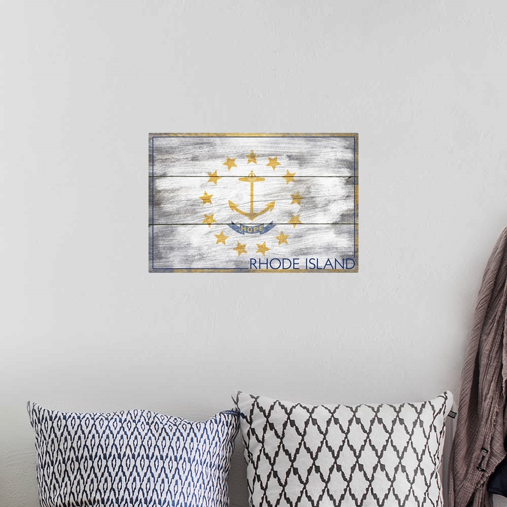 A bohemian room featuring The flag of Rhode Island with a weathered wooden board effect.