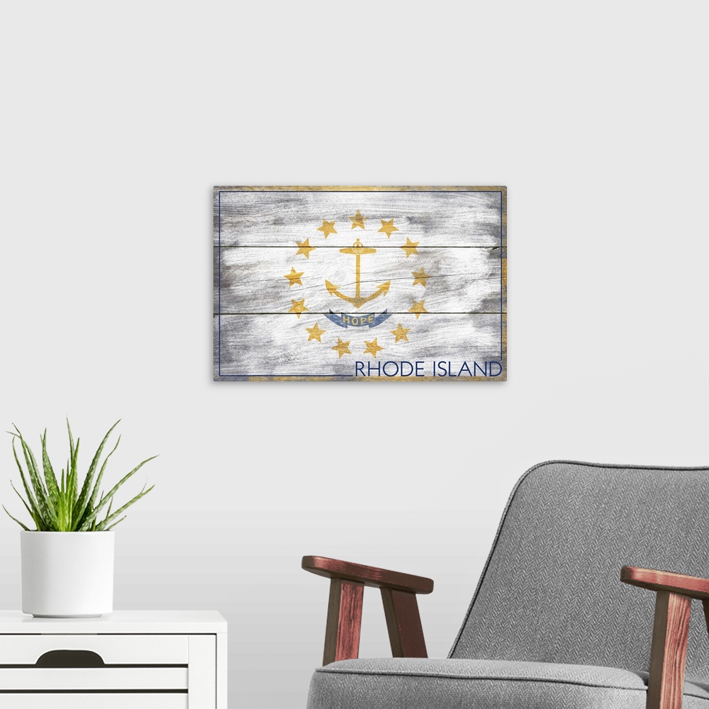 A modern room featuring The flag of Rhode Island with a weathered wooden board effect.