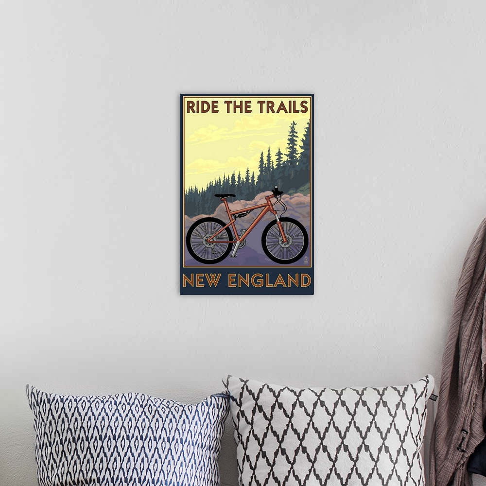 A bohemian room featuring Ride the Trails in New England: Retro Travel Poster