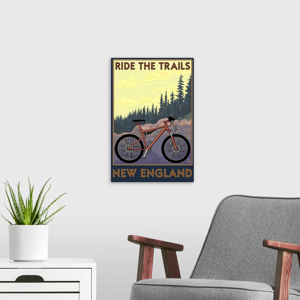 A modern room featuring Ride the Trails in New England: Retro Travel Poster