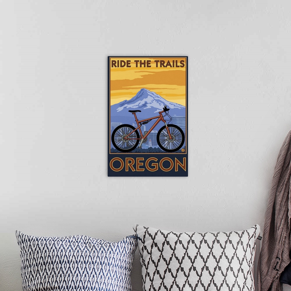 A bohemian room featuring Ride the Trails - Oregon: Retro Travel Poster