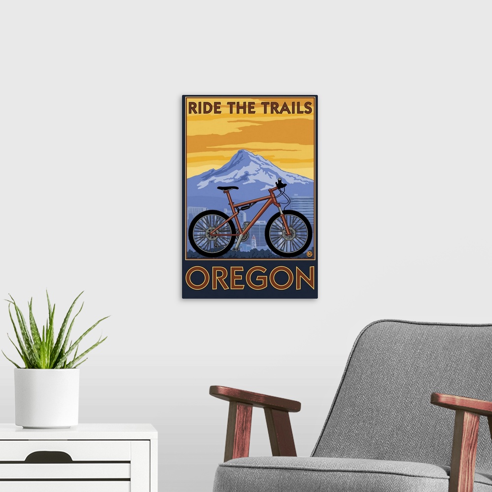 A modern room featuring Ride the Trails - Oregon: Retro Travel Poster