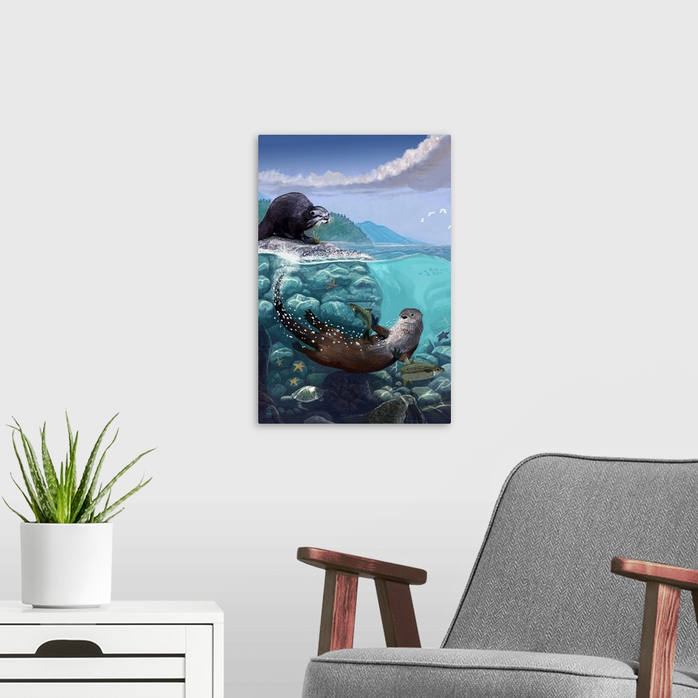 A modern room featuring River Otters, Underwater Scene