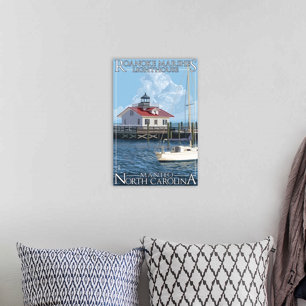 A bohemian room featuring Roanoke Marshes Lighthouse - Manteo, North Carolina: Retro Travel Poster
