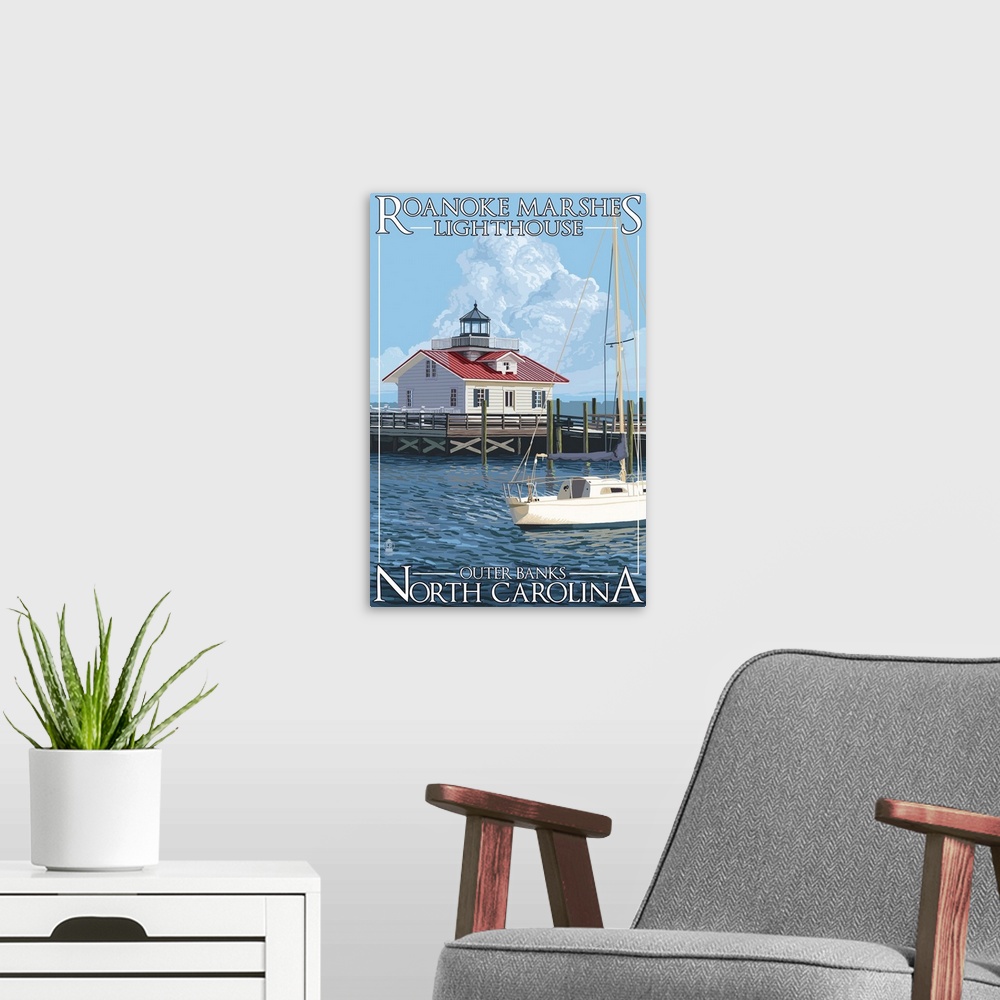 A modern room featuring Roanoke Marshes Lighthouse - Outer Banks, North Carolina: Retro Travel Poster