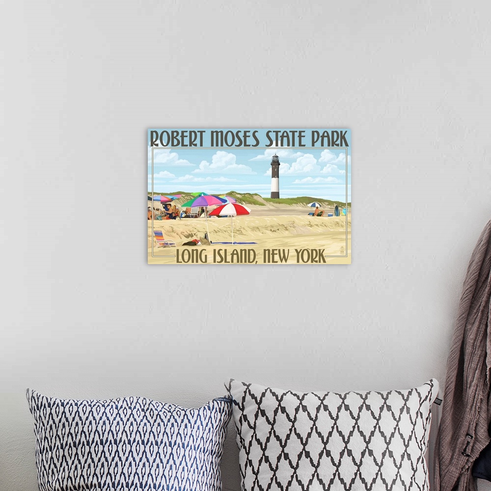 A bohemian room featuring Retro stylized art poster of a beach scene with umbrellas stuck in the sand, and a lighthouse in ...