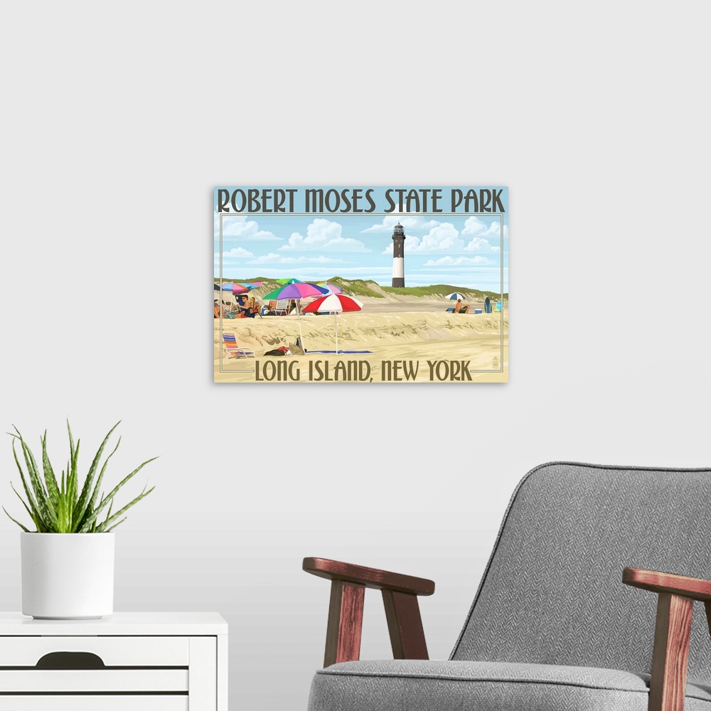 A modern room featuring Retro stylized art poster of a beach scene with umbrellas stuck in the sand, and a lighthouse in ...