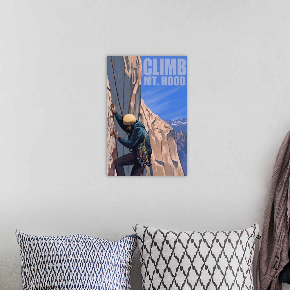 A bohemian room featuring Rock Climber - Mt. Hood, Oregon: Retro Travel Poster
