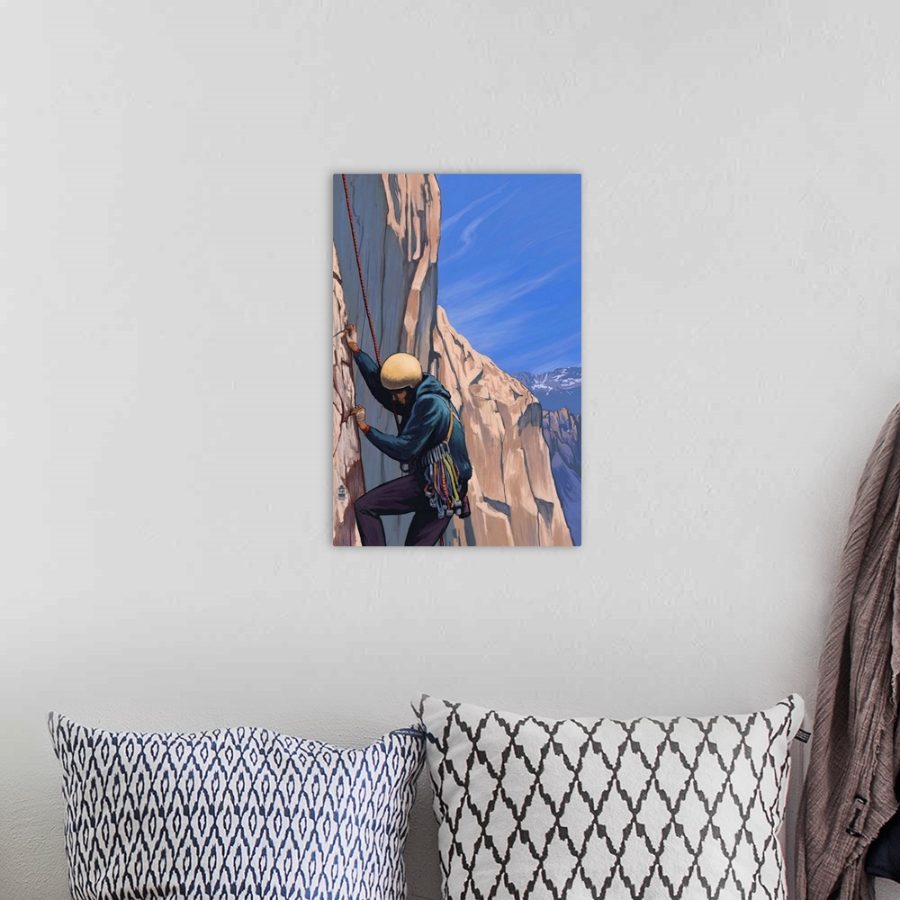 A bohemian room featuring Retro stylized art poster of a rock climber scaling a cliff.