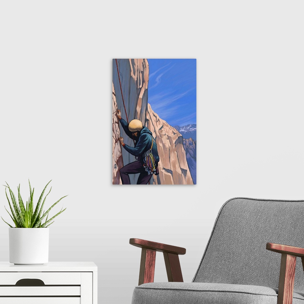 A modern room featuring Retro stylized art poster of a rock climber scaling a cliff.
