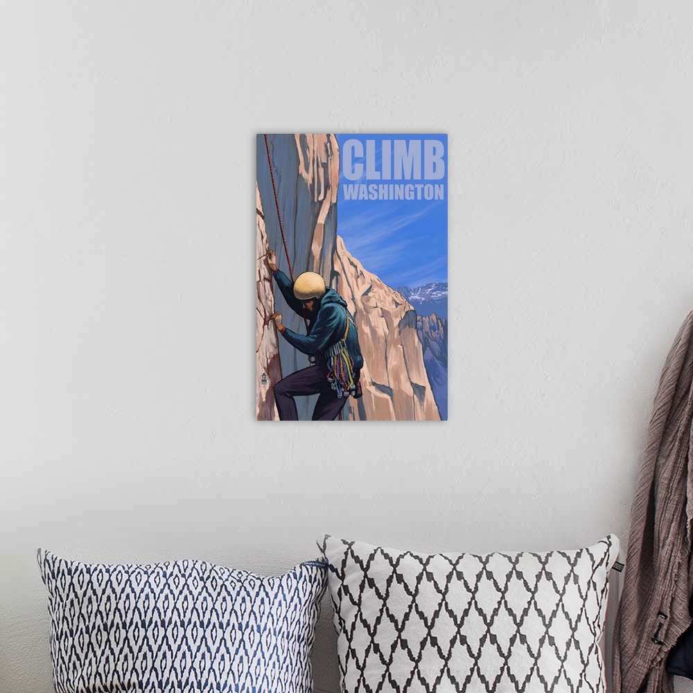 A bohemian room featuring Rock Climber - Washington: Retro Travel Poster