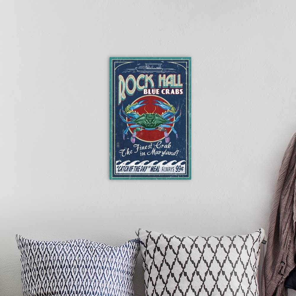 A bohemian room featuring Rock Hall, Maryland - Blue Crabs Vintage Sign: Retro Travel Poster