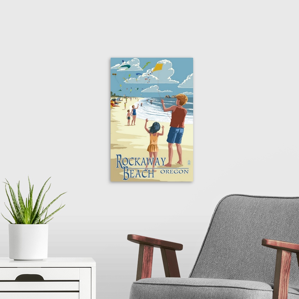A modern room featuring Rockaway Beach, Oregon - Kite Flyers: Retro Travel Poster