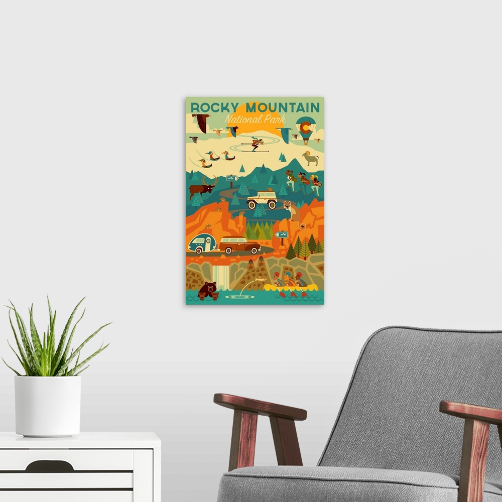 A modern room featuring Rocky Mountain National Park, Adventure: Graphic Travel Poster