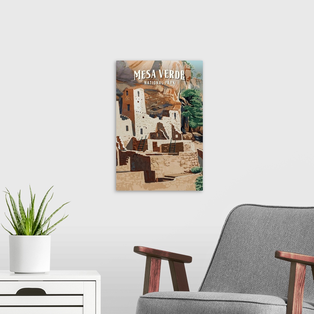 A modern room featuring Rocky Mountain National Park, Ancient Cliff Dwellings: Retro Travel Poster
