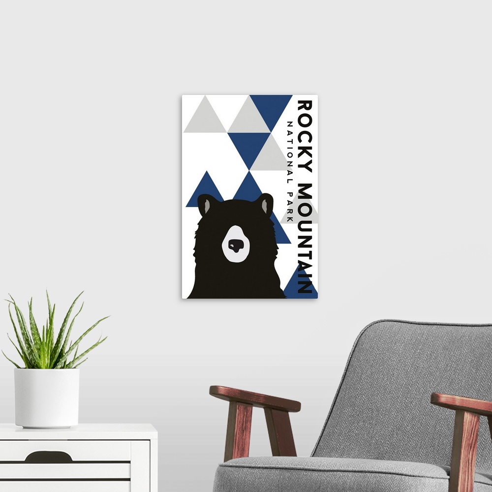 A modern room featuring Rocky Mountain National Park, Bear Silhouette: Graphic Travel Poster