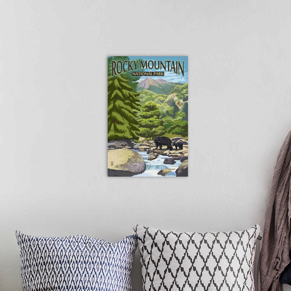 A bohemian room featuring Rocky Mountain National Park, Bears Walking: Retro Travel Poster
