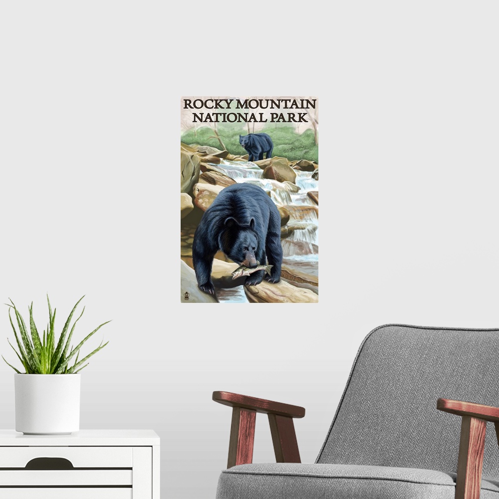 A modern room featuring Rocky Mountain National Park, CO - Bears Fishing: Retro Travel Poster