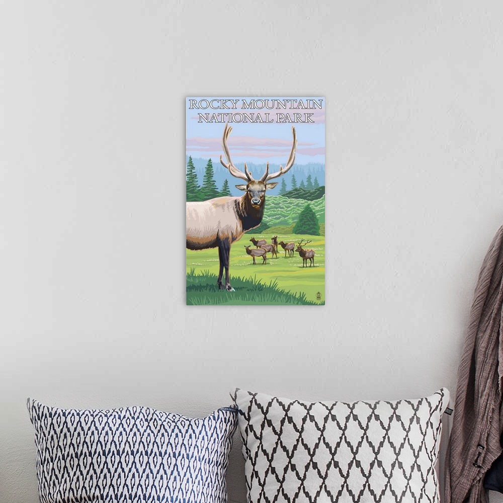 A bohemian room featuring Rocky Mountain National Park, CO - Elk Herd: Retro Travel Poster
