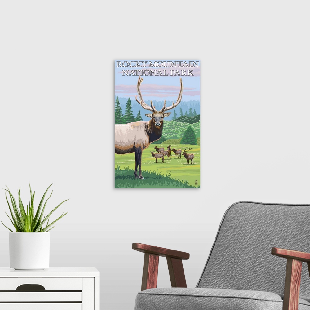 A modern room featuring Rocky Mountain National Park, CO - Elk Herd: Retro Travel Poster