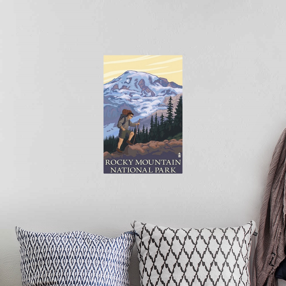 A bohemian room featuring Rocky Mountain National Park, CO - Hiker: Retro Travel Poster