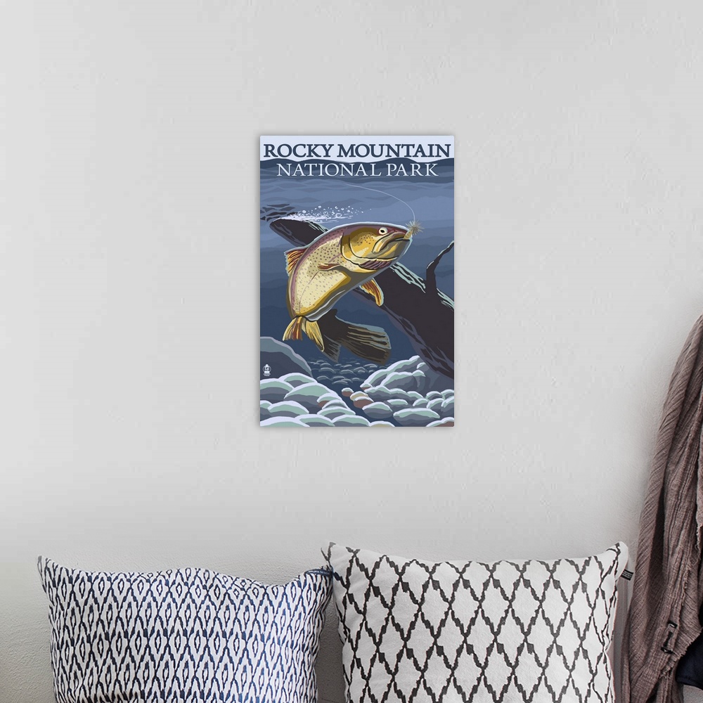 A bohemian room featuring Rocky Mountain National Park, CO - Trout: Retro Travel Poster