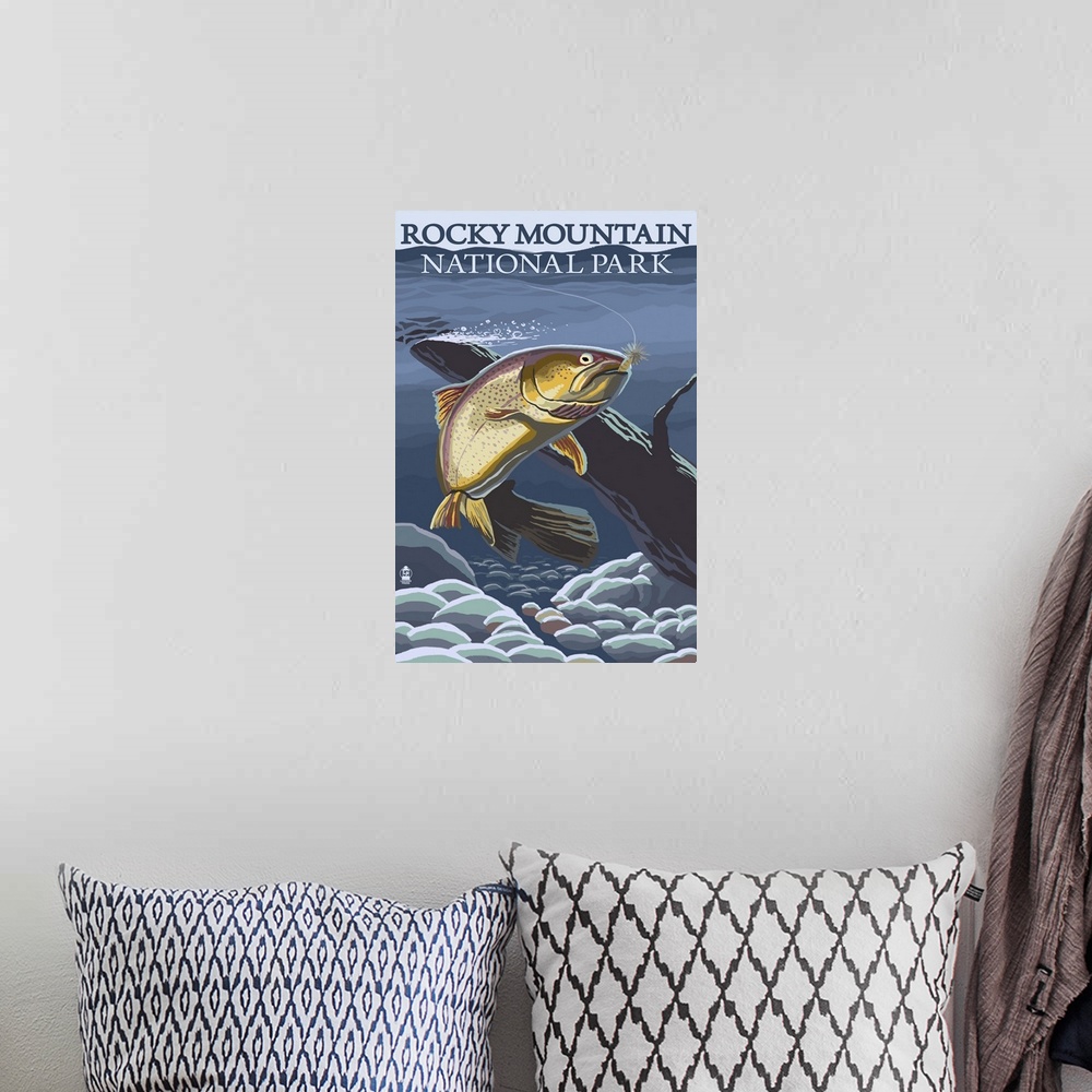 A bohemian room featuring Rocky Mountain National Park, CO - Trout: Retro Travel Poster