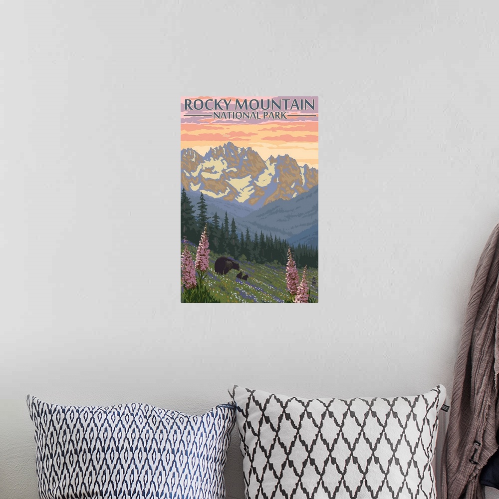 A bohemian room featuring Rocky Mountain National Park, Colorado - Bear Family: Retro Travel Poster