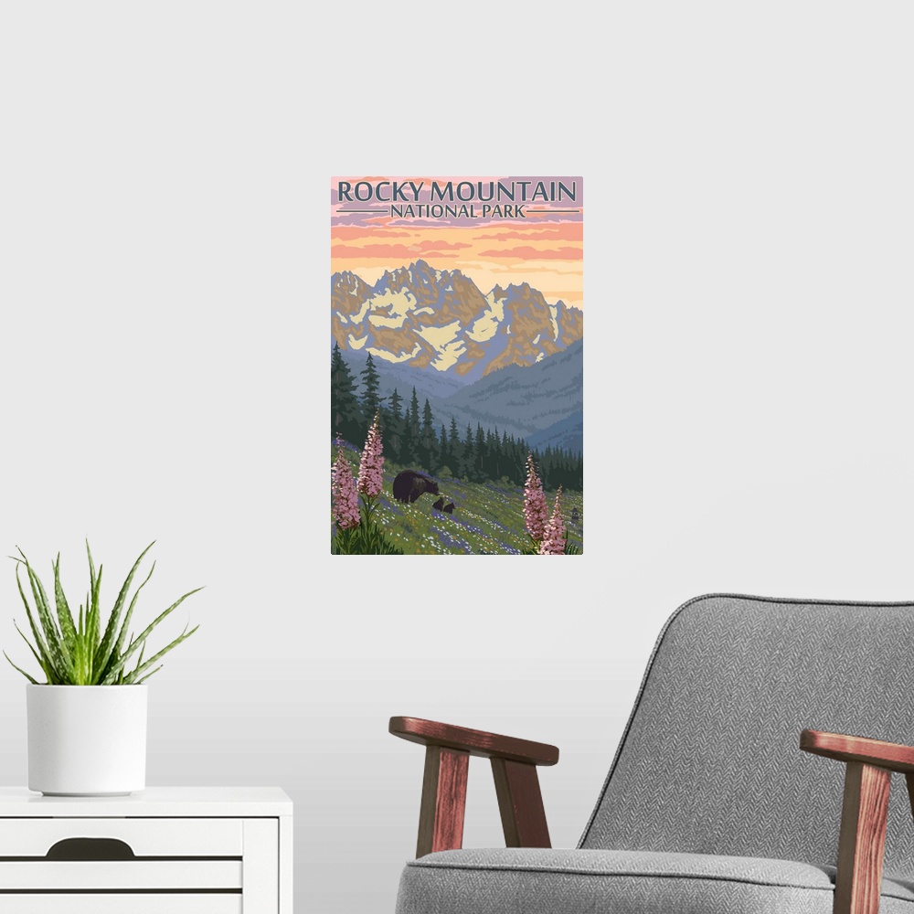 A modern room featuring Rocky Mountain National Park, Colorado - Bear Family: Retro Travel Poster