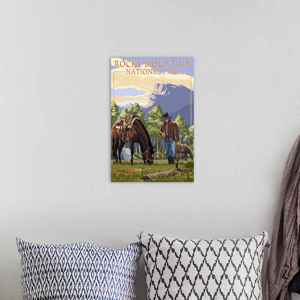 A bohemian room featuring Rocky Mountain National Park, Colorado - Cowboy and Horse in Spring: Retro Travel Poster