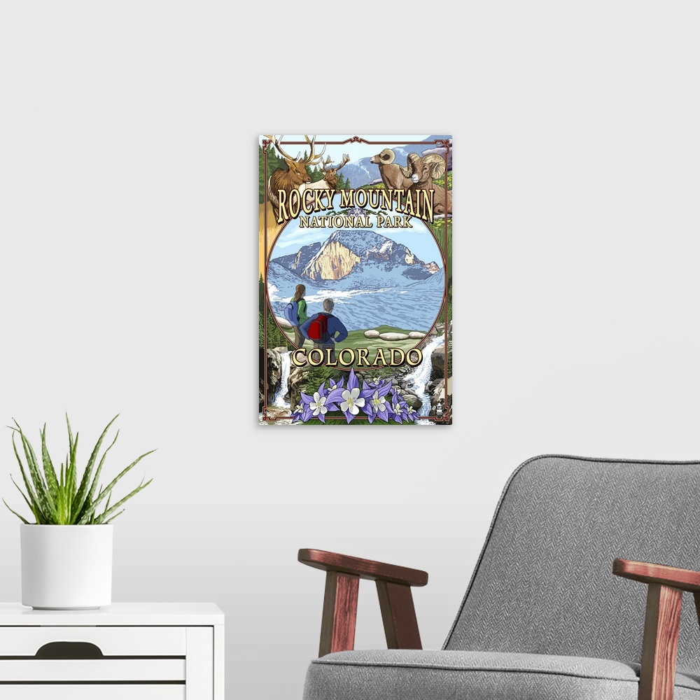 A modern room featuring Rocky Mountain National Park, Colorado Montage: Retro Travel Poster