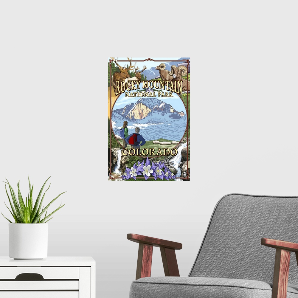 A modern room featuring Rocky Mountain National Park, Colorado Montage: Retro Travel Poster