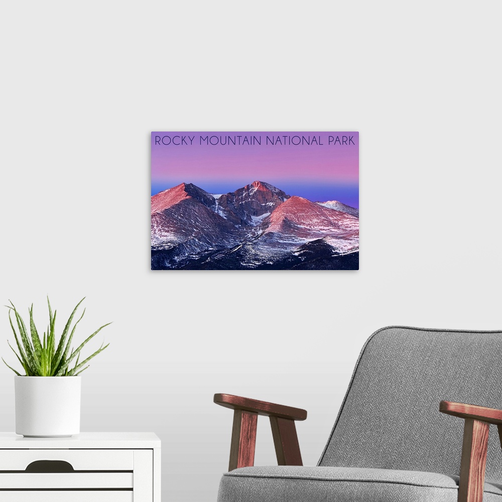 A modern room featuring Rocky Mountain National Park, Colorado, Purple Sky and Snowy Peaks