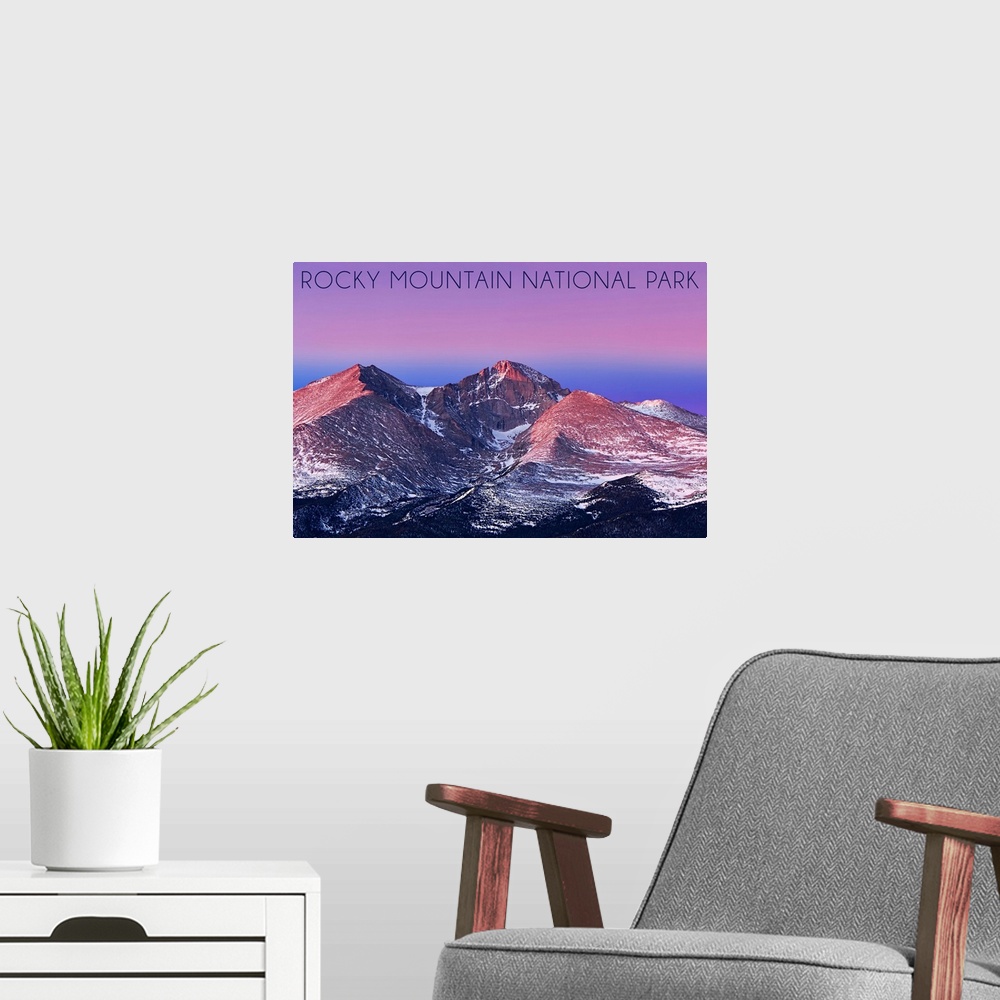 A modern room featuring Rocky Mountain National Park, Colorado, Purple Sky and Snowy Peaks