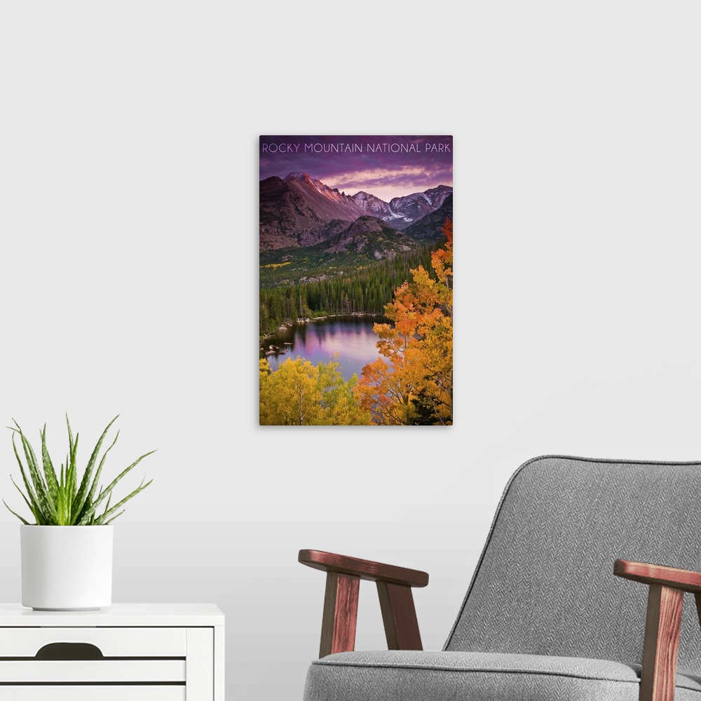 A modern room featuring Rocky Mountain National Park, Colorado, Sunset and Lake