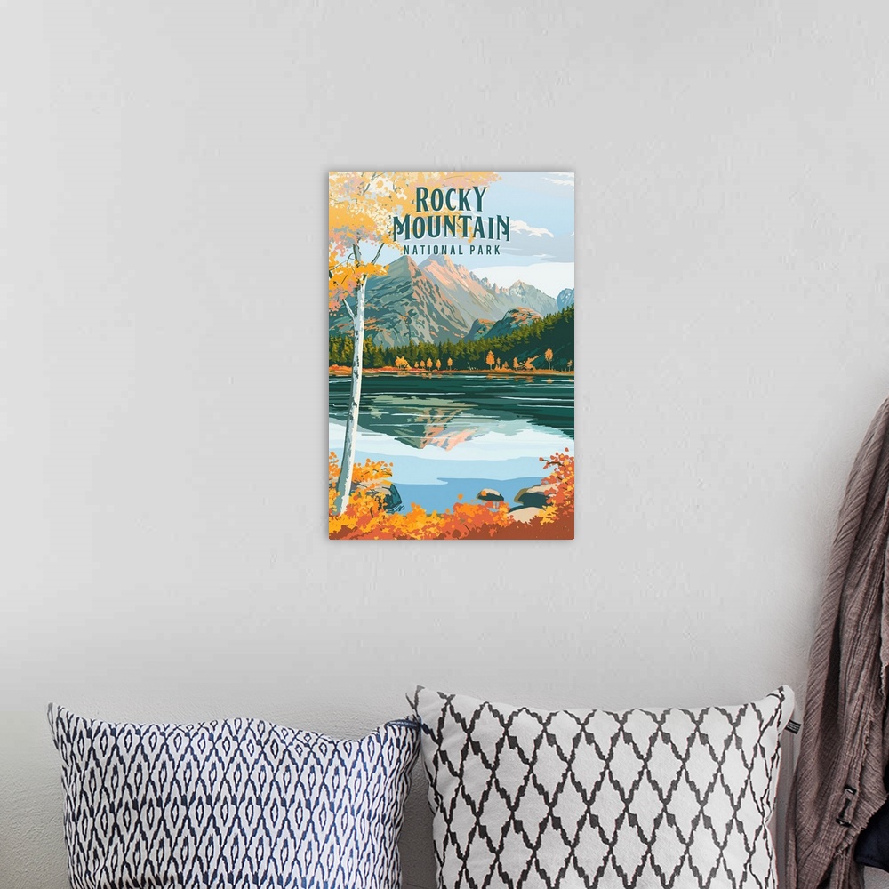 A bohemian room featuring Rocky Mountain National Park, Dream Lake: Retro Travel Poster